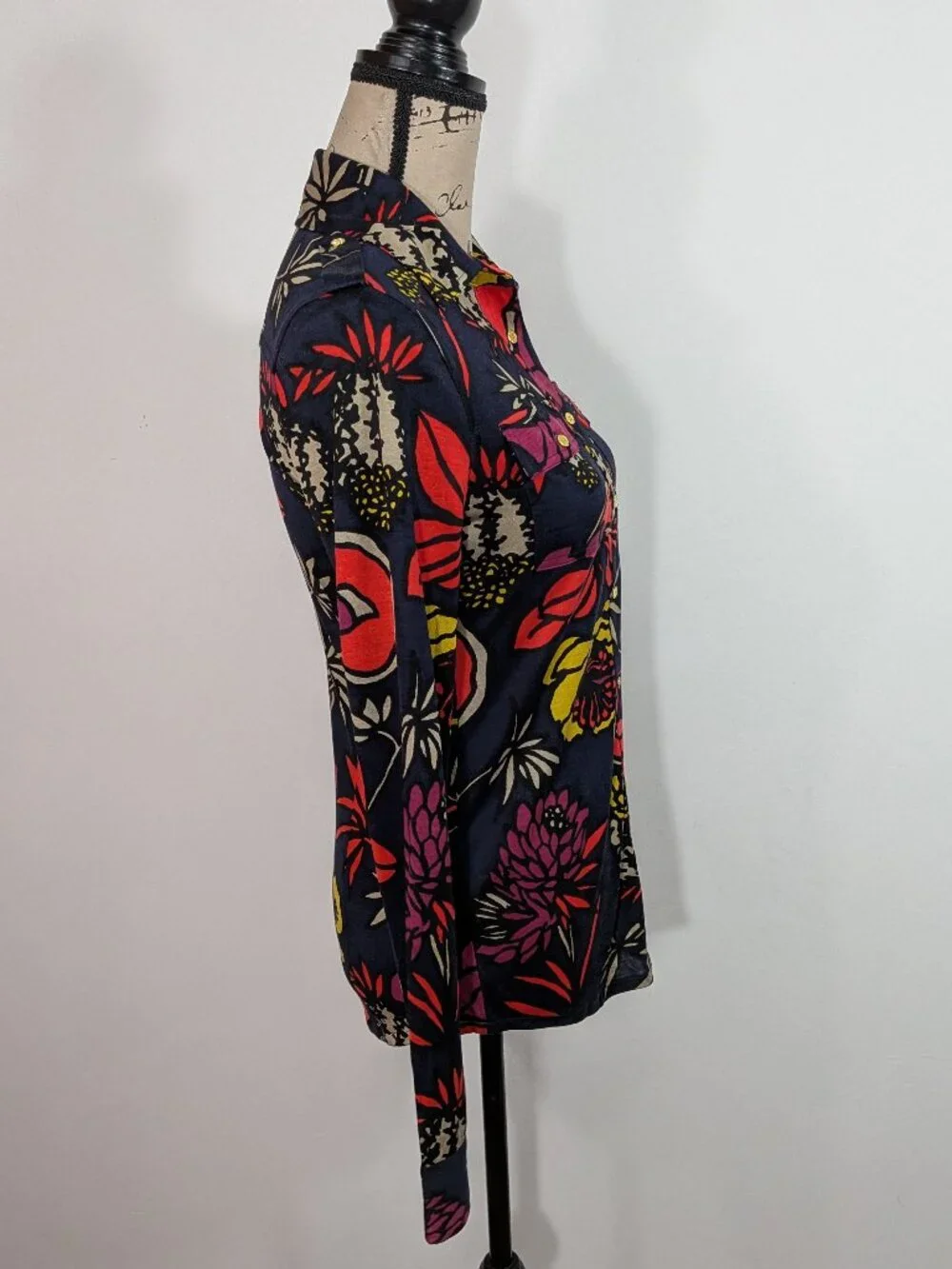 Tory Burch Floral Shirt Top Button Collared Silk Stretch Long Sleeve Womens XS